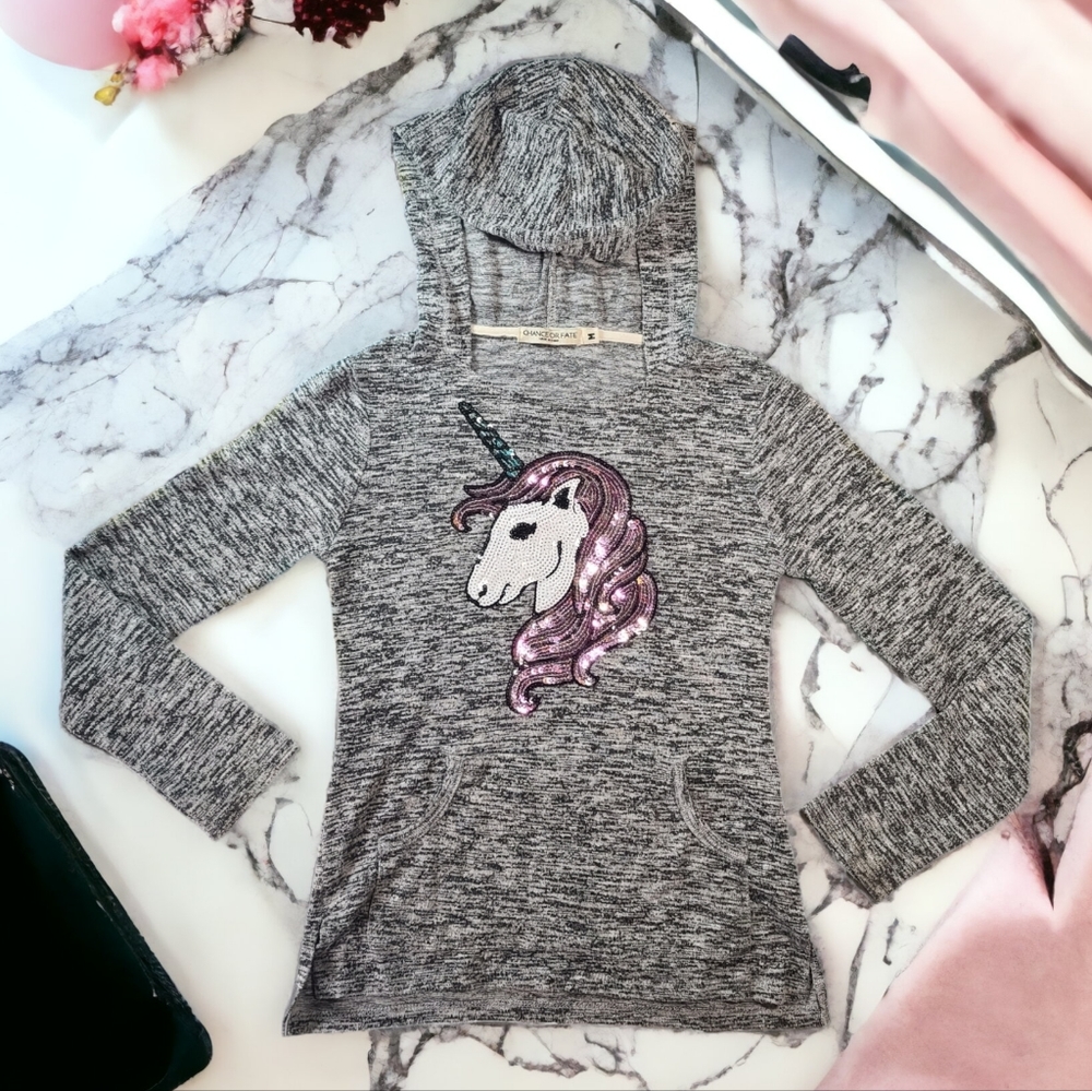 Chance or Fate Girls Gray Lightweight Sequin Unicorn Hooded Sweatshirt Size M